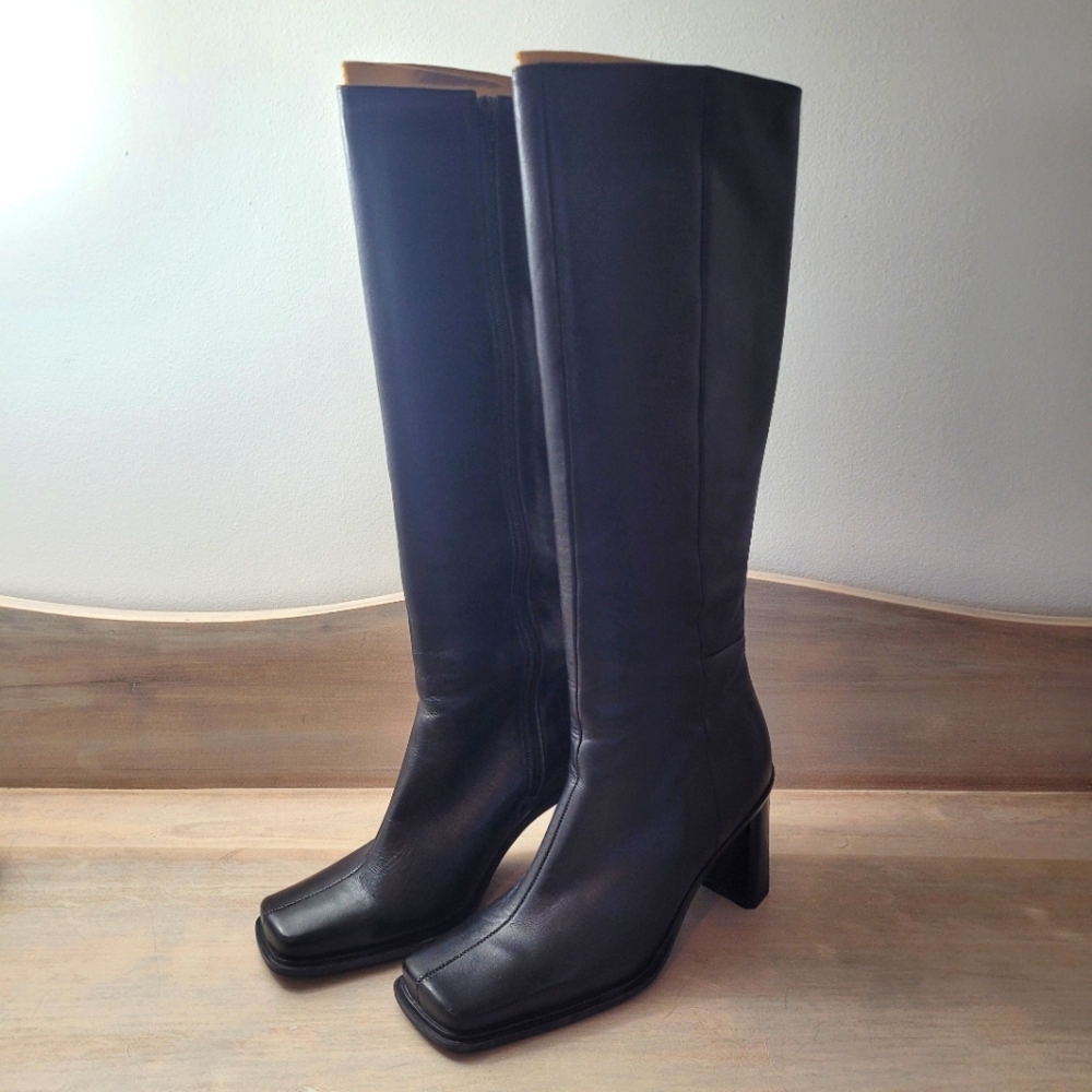 Aldo Genuine Leather Square Toe and Heel Riding Boots Size 37 Black